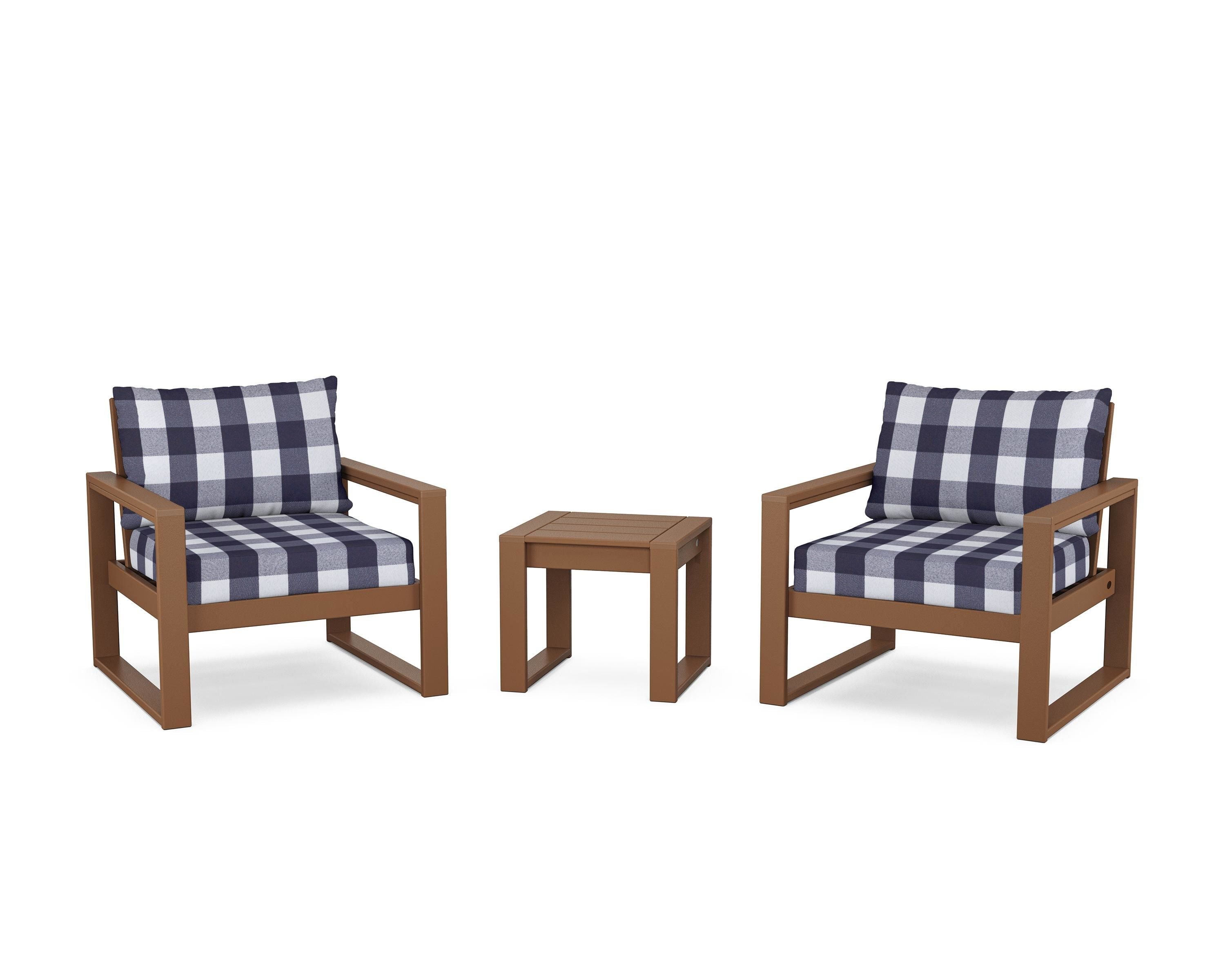 POLYWOOD® EDGE Sectional 3-Piece Deep Seating Set in Teak / Buffalo Plaid Navy
