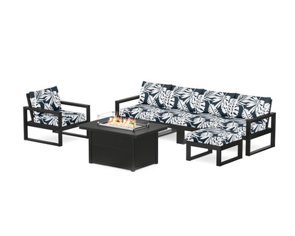 POLYWOOD® EDGE Sectional Lounge and Fire Pit Set in Black / Leaf Marine Indigo