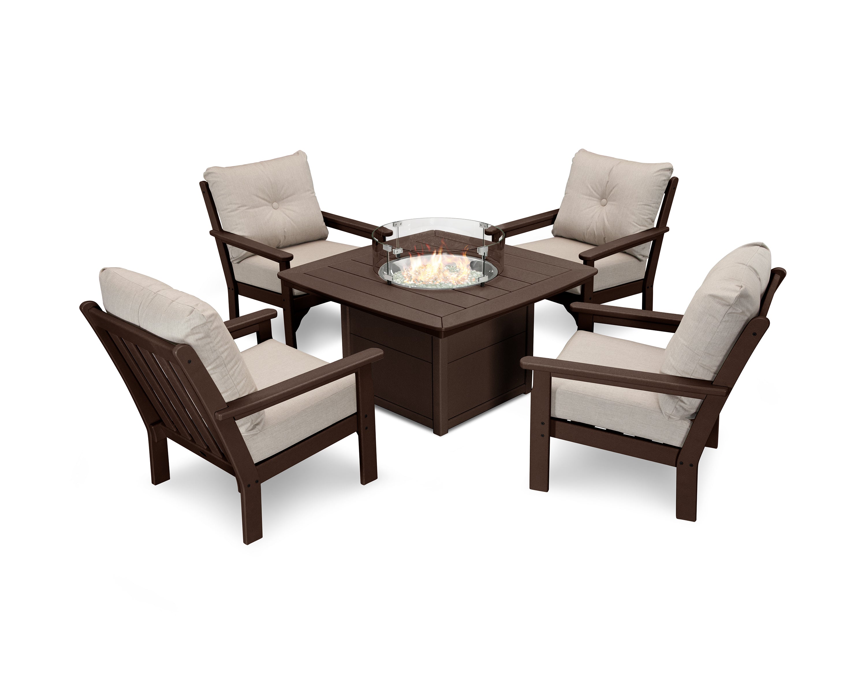 POLYWOOD® Vineyard 5-Piece Conversation Set with Fire Pit Table in Mahogany / Cast Ash