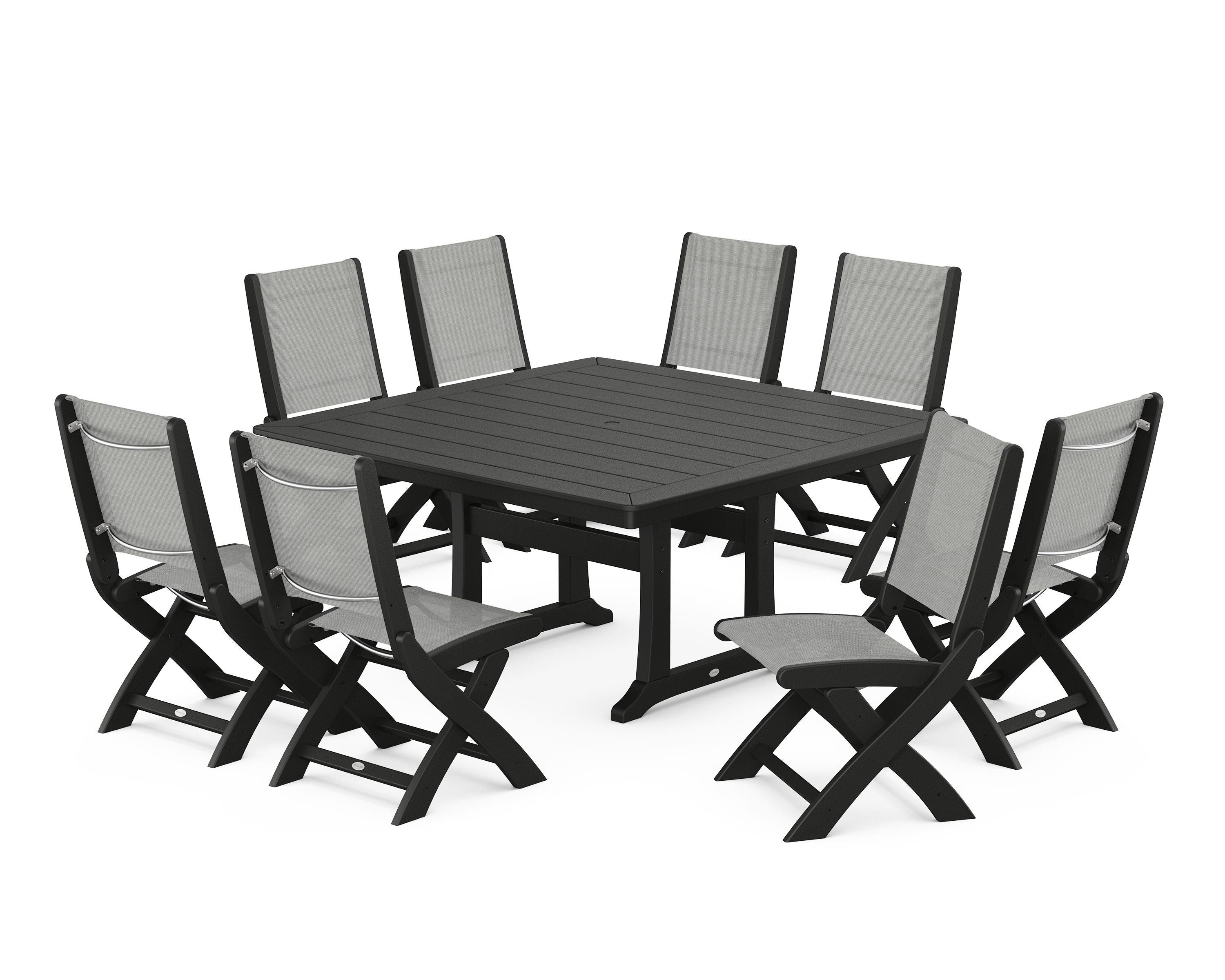 POLYWOOD® Coastal Folding Side Chair 9-Piece Dining Set with Trestle Legs in Black / Metallic Sling