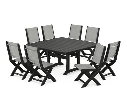 POLYWOOD® Coastal Folding Side Chair 9-Piece Dining Set with Trestle Legs in Black / Metallic Sling