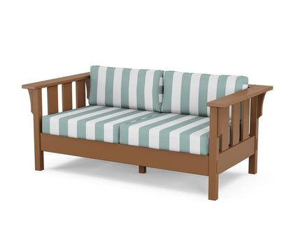 Martha Stewart by POLYWOOD® Acadia Deep Seating Loveseat in Teak / Cabana Stripe Glacier Spa