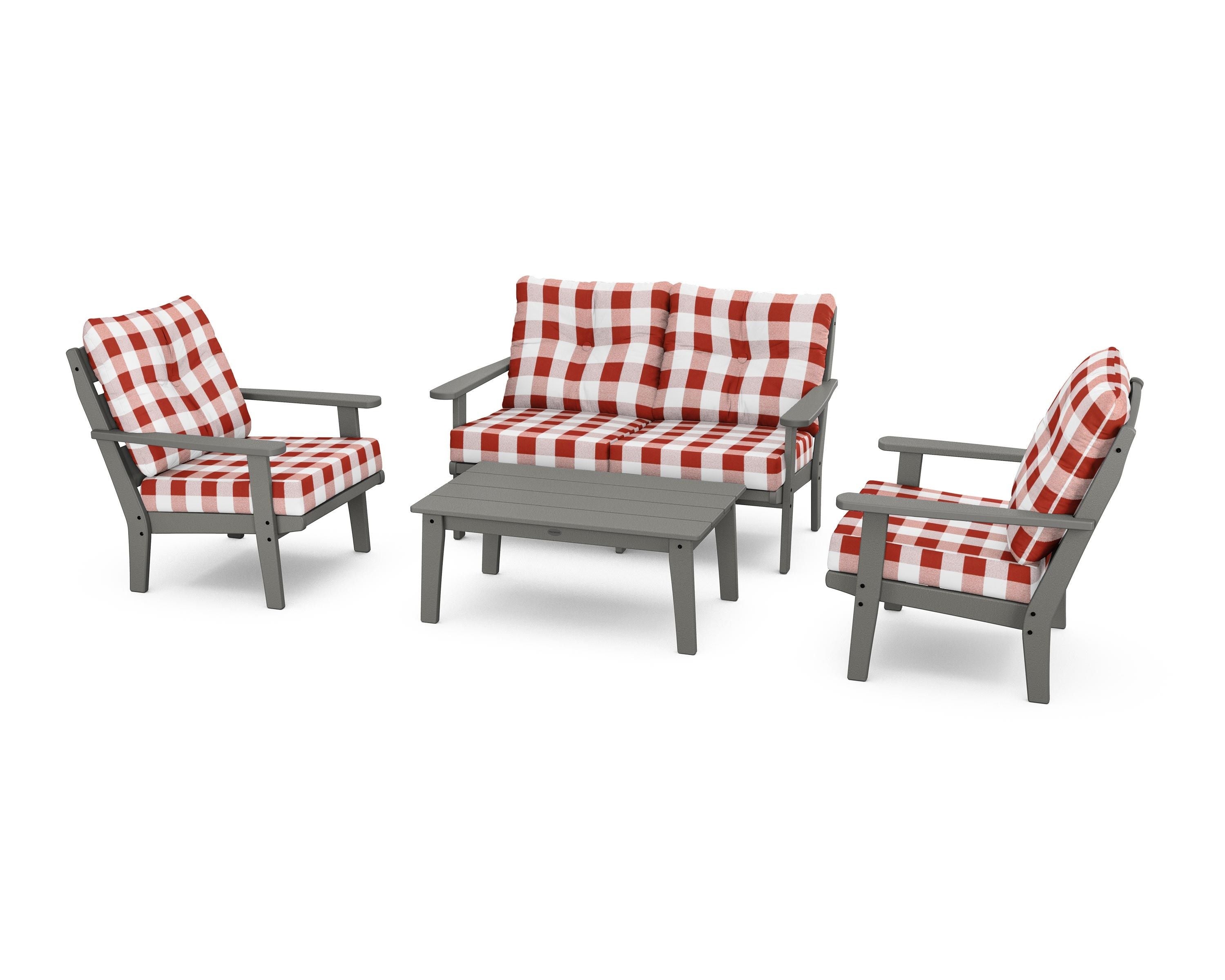 POLYWOOD® Lakeside 4-Piece Deep Seating Set in Slate Grey / Buffalo Plaid Crimson
