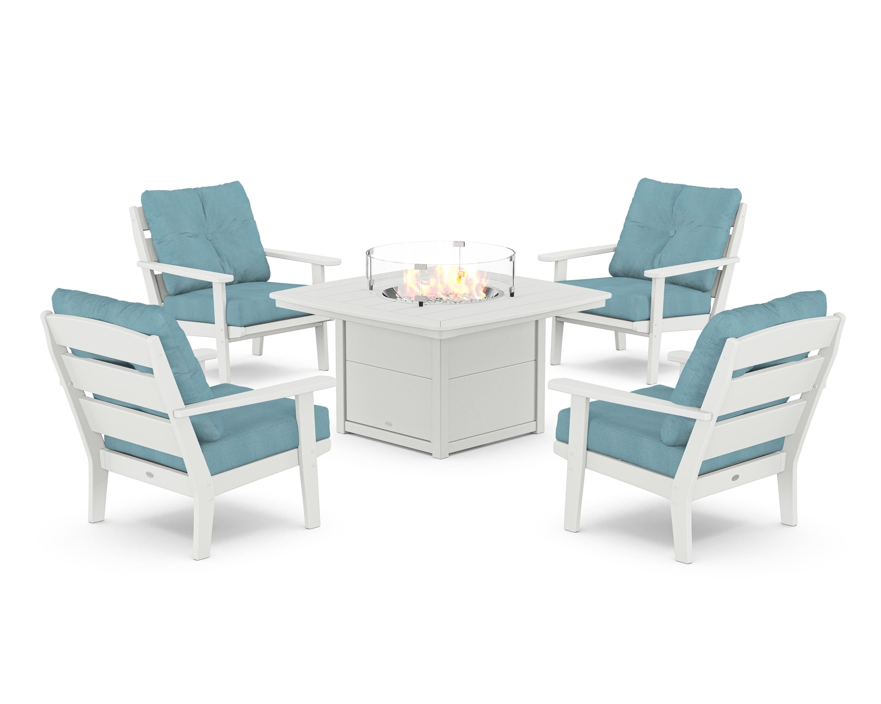 POLYWOOD® Lakeside 5-Piece Deep Seating Set with Nautical Fire Pit Table in White / Lattice Sky Blue
