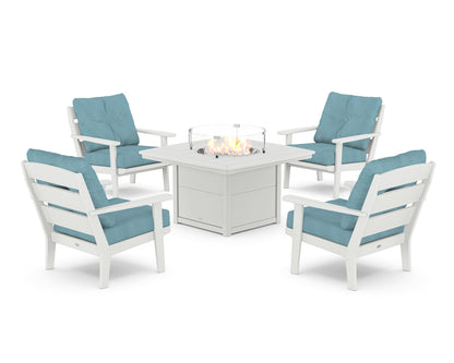 POLYWOOD® Lakeside 5-Piece Deep Seating Set with Nautical Fire Pit Table in White / Lattice Sky Blue
