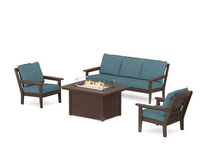 Country Living Cottage Deep Seating Fire Pit Table Set in Mahogany / Ocean Teal