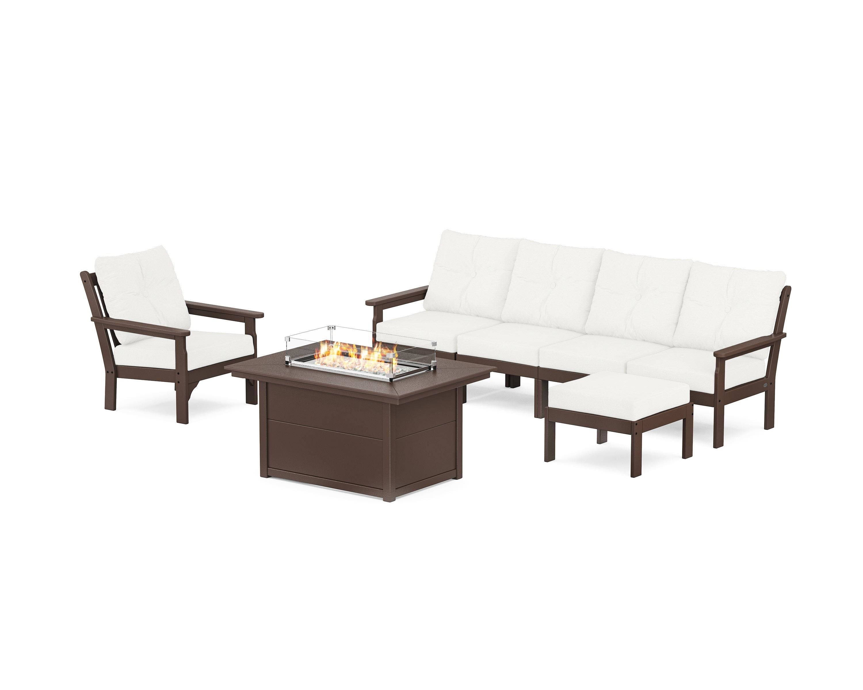 POLYWOOD® Vineyard Sectional Lounge and Fire Pit Set in Mahogany / Natural Linen