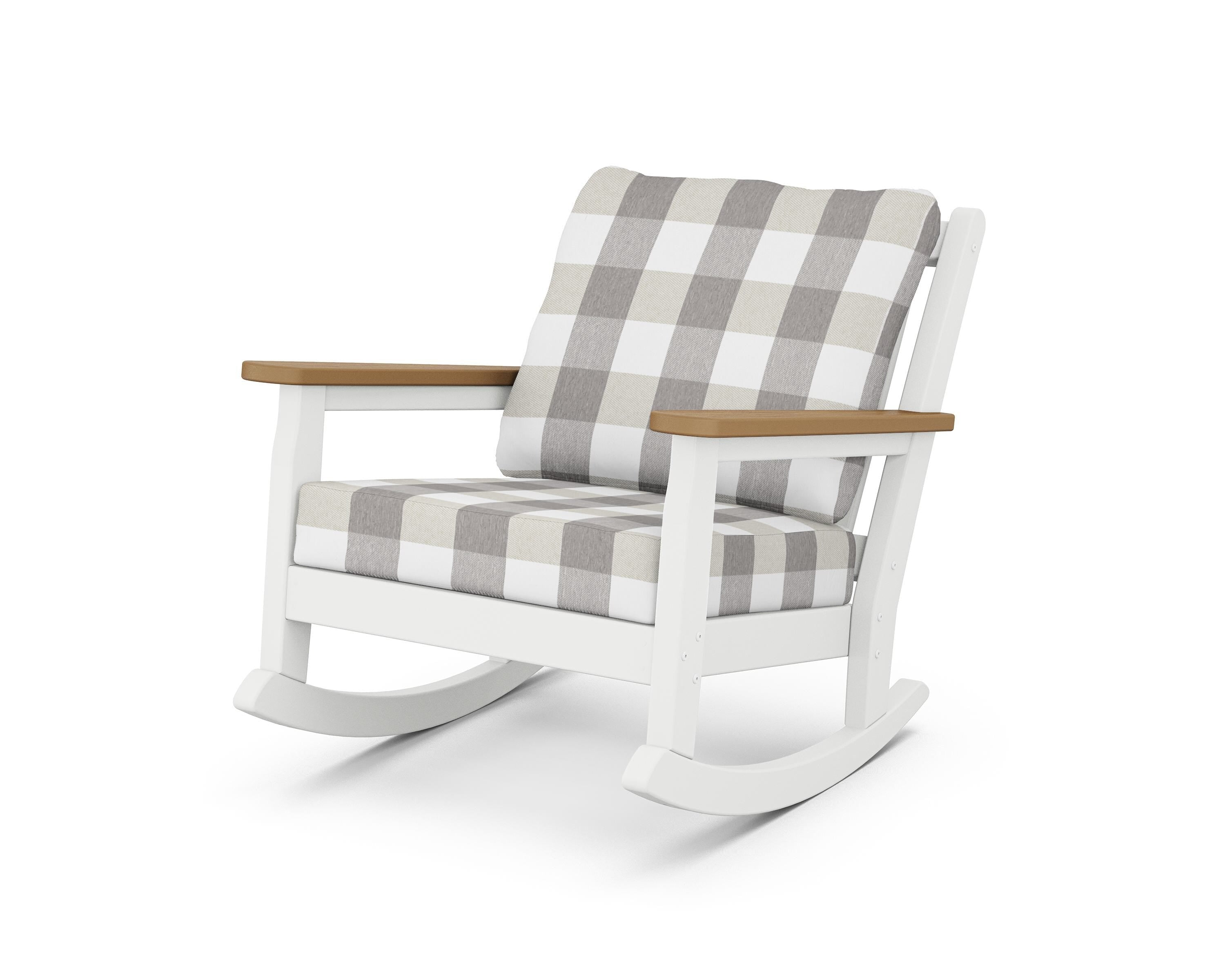 POLYWOOD® Chippendale Deep Seating Rocking Chair in White / Natural / Buffalo Plaid Grey Mist
