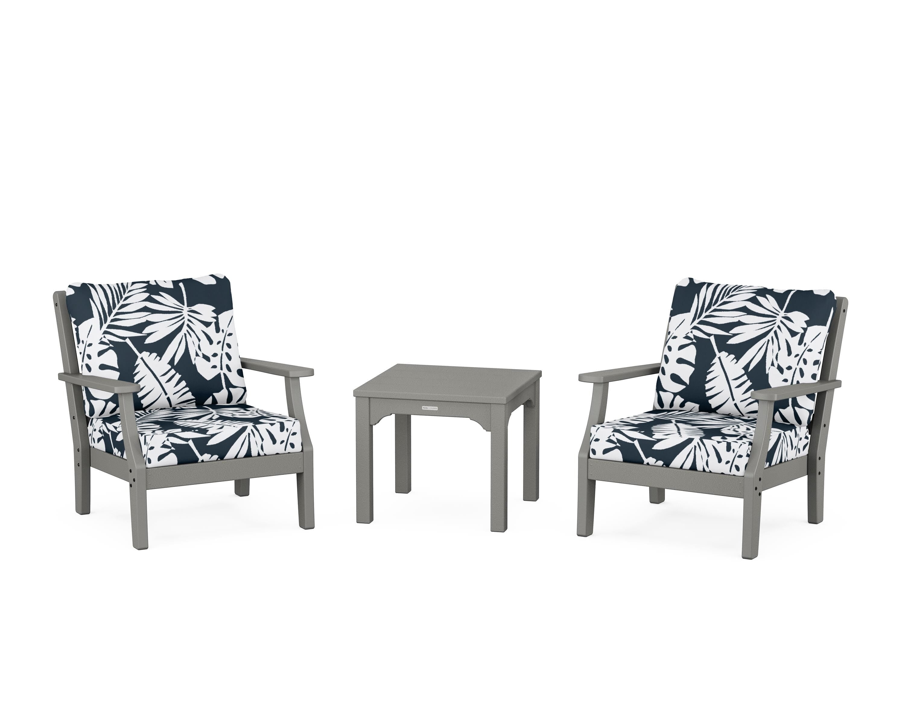 Martha Stewart by POLYWOOD® Chinoiserie 3-Piece Deep Seating Set in Slate Grey / Leaf Marine Indigo