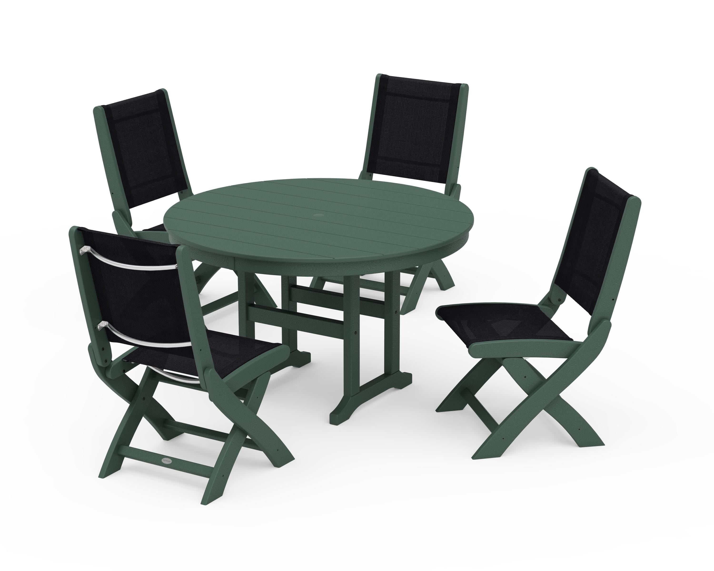 POLYWOOD® Coastal Folding Side Chair 5-Piece Round Dining Set in Green / Black Sling