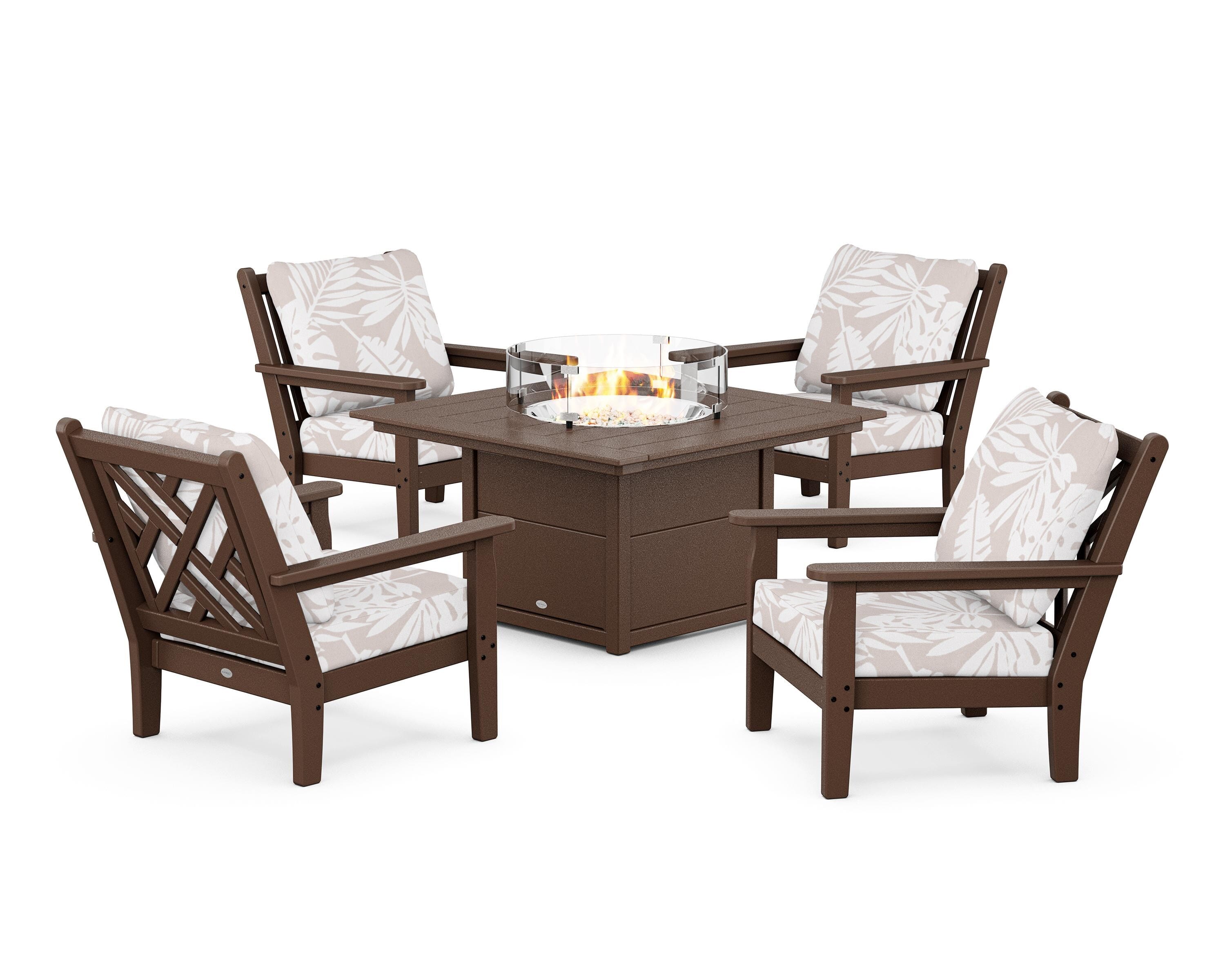 POLYWOOD® Chippendale 5-Piece Deep Seating Set with Fire Pit Table in Mahogany / Leaf Dune Burlap