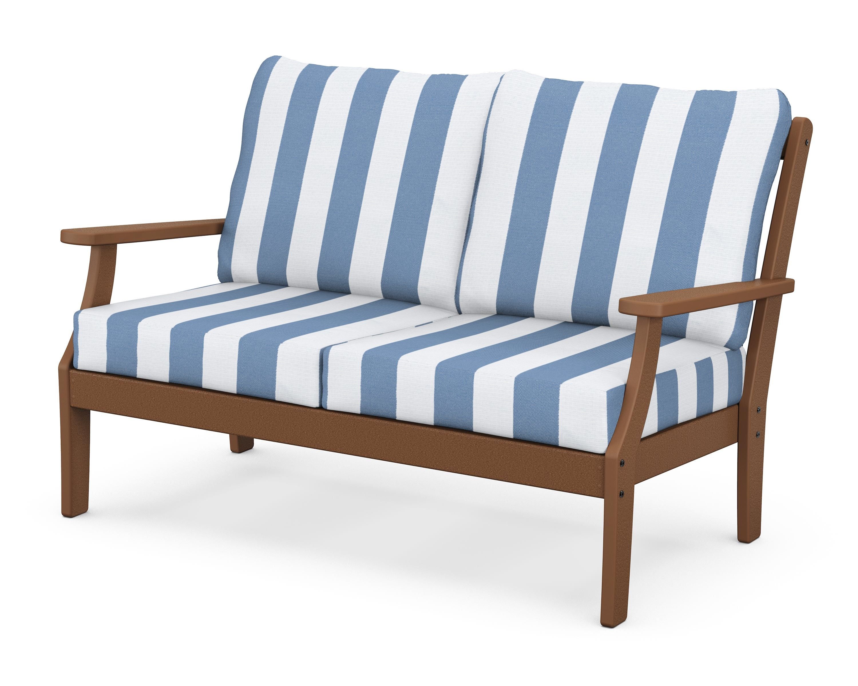 POLYWOOD® Braxton Deep Seating Loveseat in Teak / Cabana Stripe Sky Blue