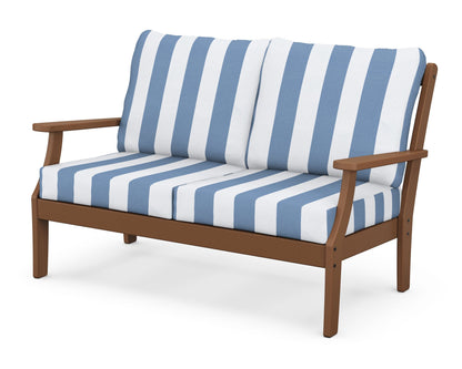 POLYWOOD® Braxton Deep Seating Loveseat in Teak / Cabana Stripe Sky Blue