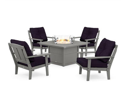 POLYWOOD® Mission 5-Piece Deep Seating Set with Fire Pit Table in Slate Grey / Navy Linen