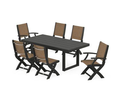 POLYWOOD® Coastal Folding Chair 7-Piece Dining Set with Trestle Legs in Black / Burlap Sling