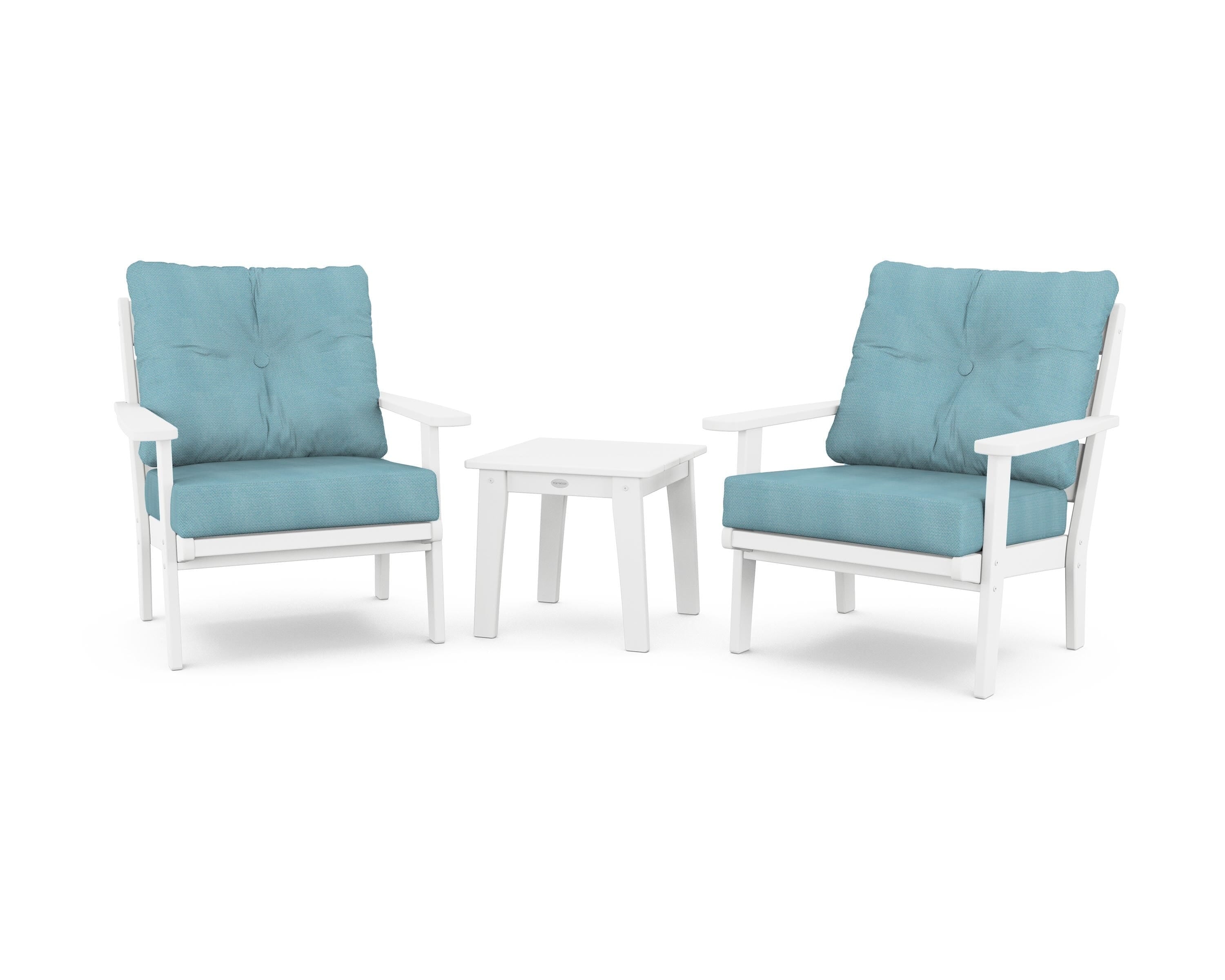 POLYWOOD® Lakeside 3-Piece Deep Seating Chair Set in White / Lattice Sky Blue