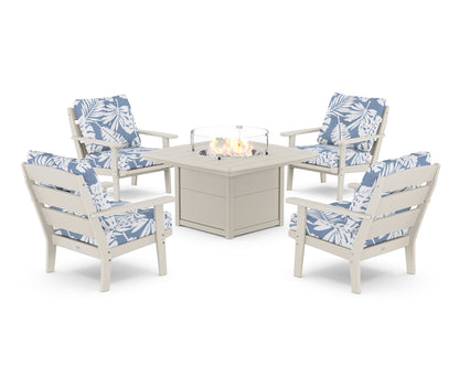 POLYWOOD® Lakeside 5-Piece Deep Seating Set with Nautical Fire Pit Table in Sand / Leaf Sky Blue