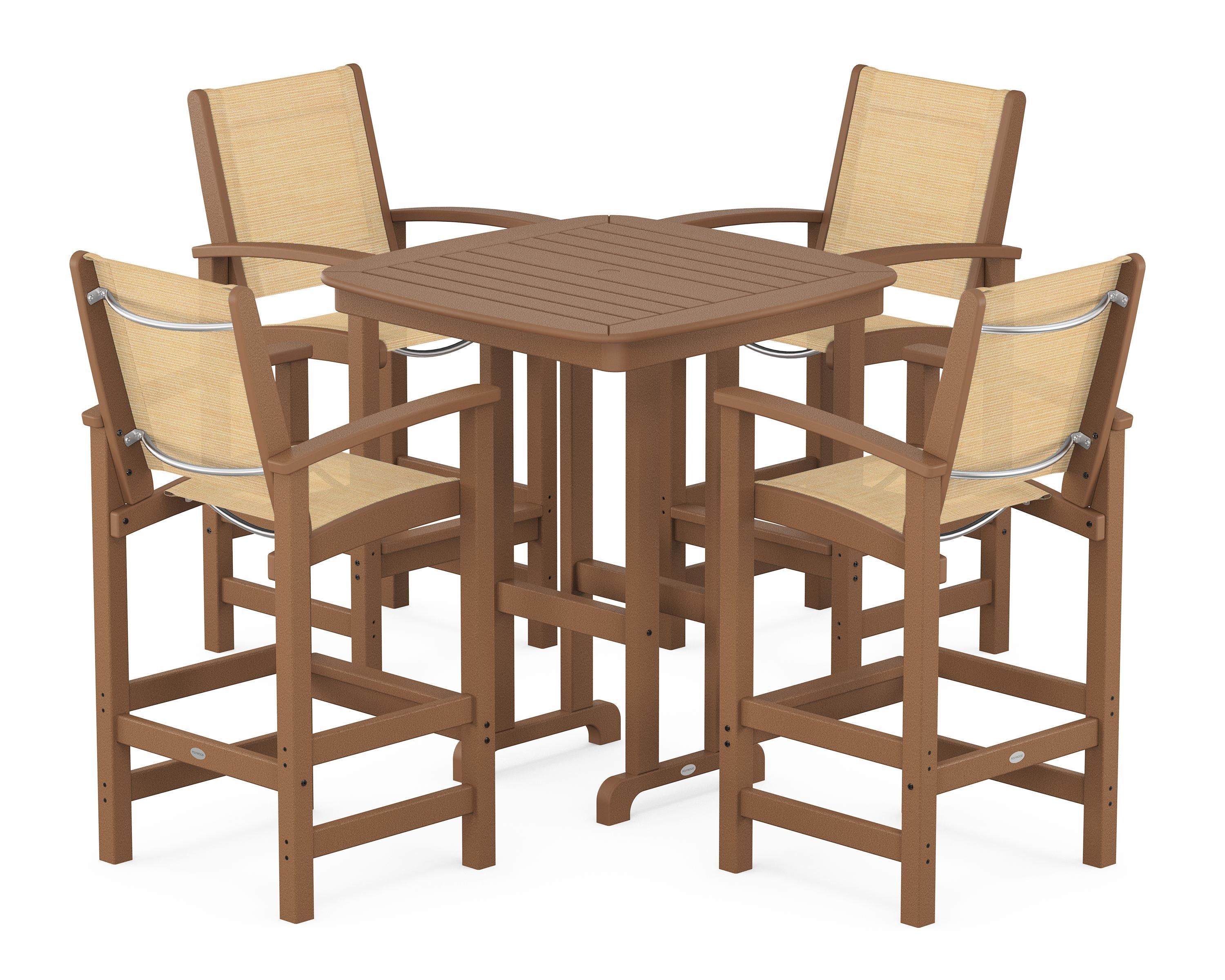 POLYWOOD® Coastal 5-Piece Bar Set in Teak / Dupioni Apricot Sling