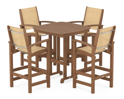POLYWOOD® Coastal 5-Piece Bar Set in Teak / Dupioni Apricot Sling