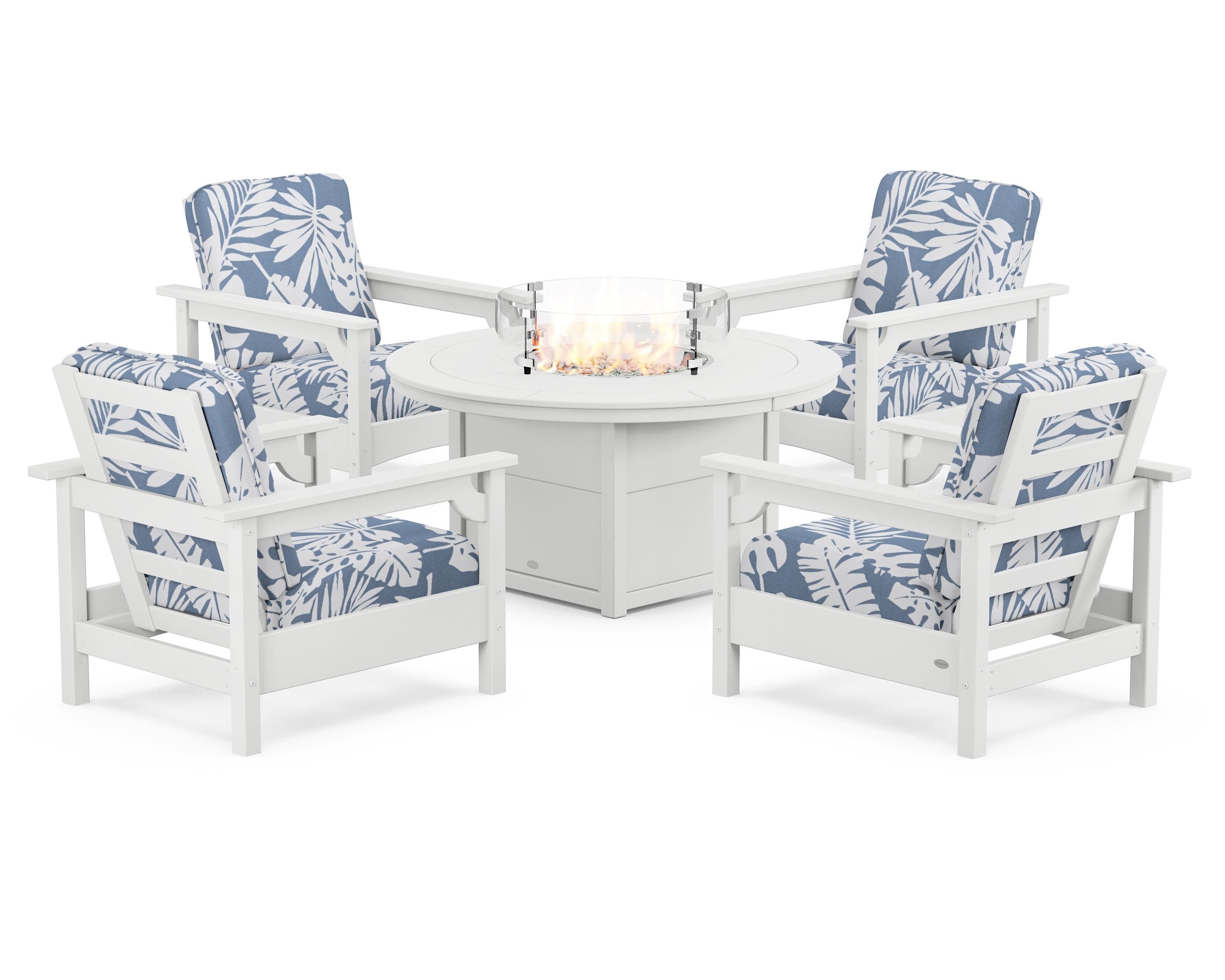 POLYWOOD® Club 5-Piece Conversation Set with Fire Pit Table in White / Leaf Sky Blue