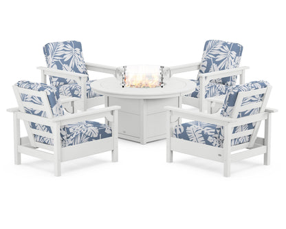 POLYWOOD® Club 5-Piece Conversation Set with Fire Pit Table in White / Leaf Sky Blue