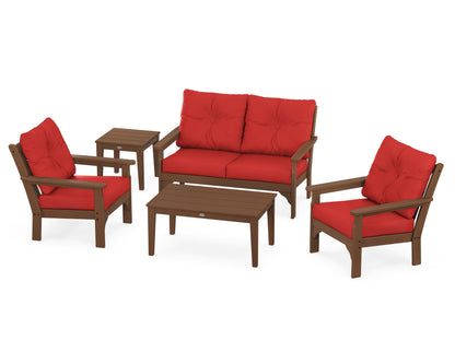 POLYWOOD® Vineyard 5-Piece Deep Seating Set in Teak / Crimson Linen