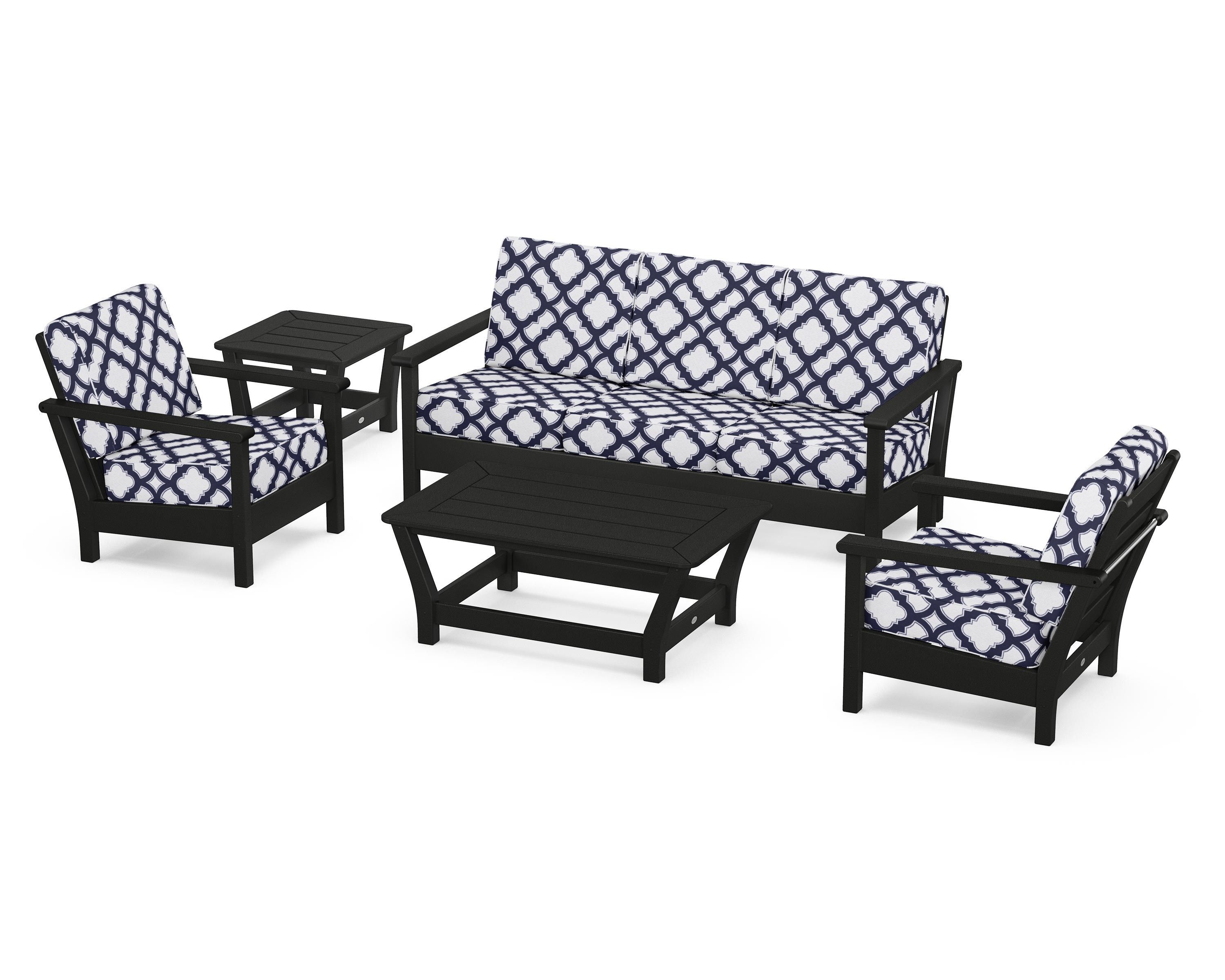 POLYWOOD® Harbour 5-Piece Deep Seating Set in Black / Trellis Navy