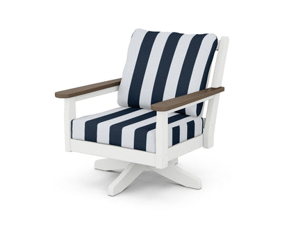 POLYWOOD® Chippendale Deep Seating Swivel Chair in White / Kona / Cabana Stripe Marine Indigo