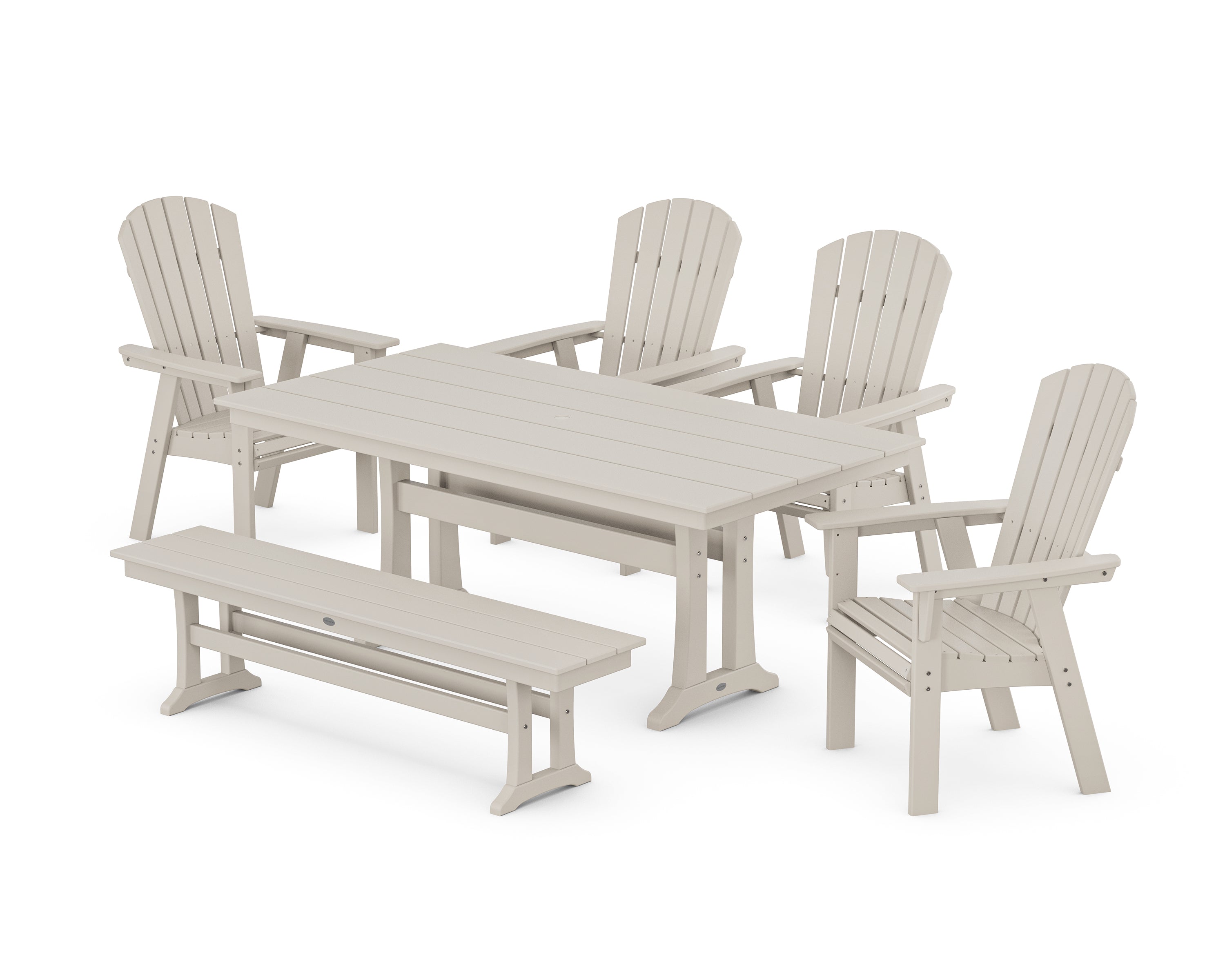 POLYWOOD® Nautical Curveback Adirondack 6-Piece Farmhouse Dining Set with Trestle Legs and Bench in Sand
