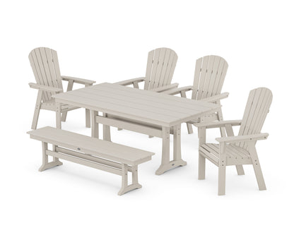 POLYWOOD® Nautical Curveback Adirondack 6-Piece Farmhouse Dining Set with Trestle Legs and Bench in Sand