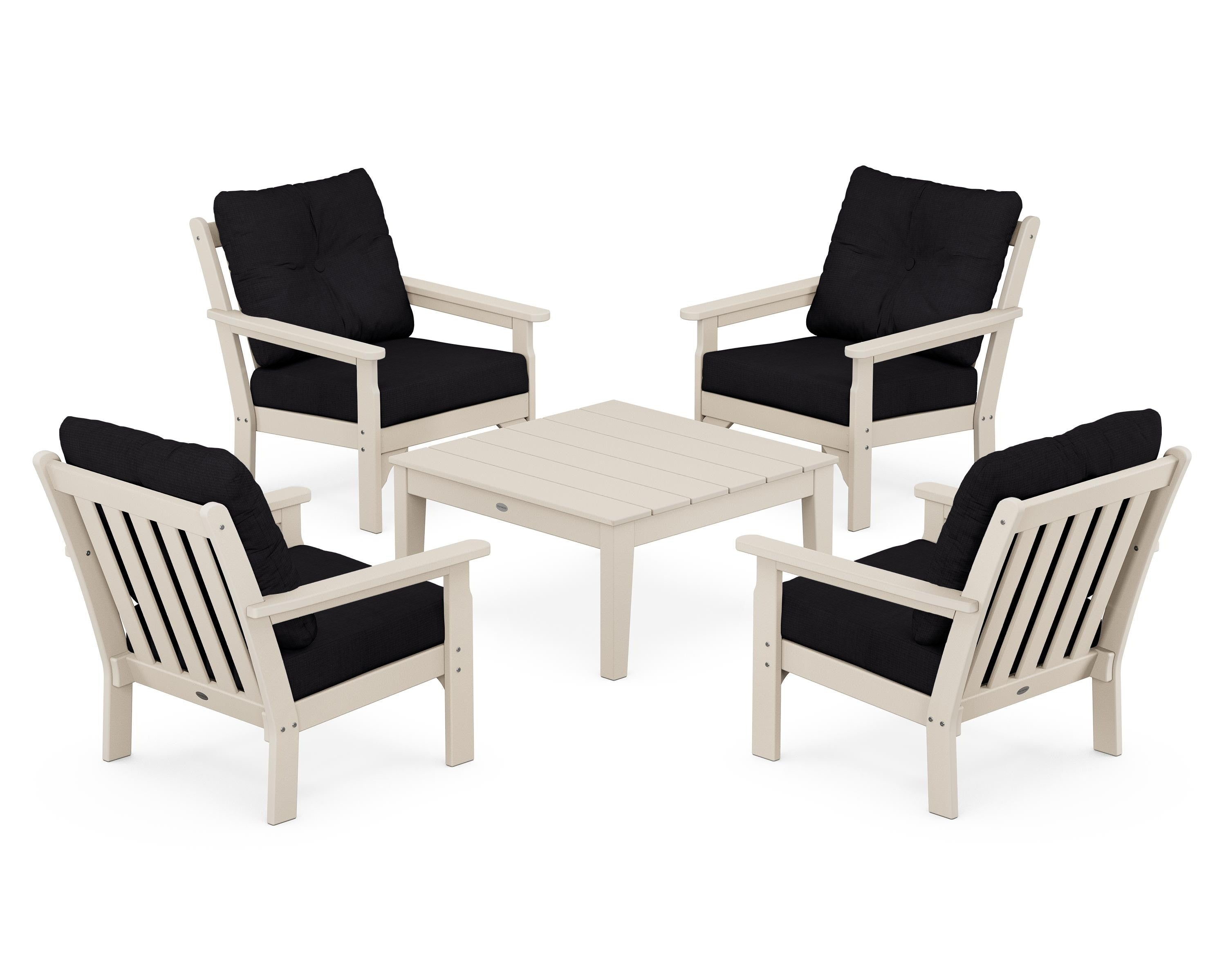 POLYWOOD® Vineyard 5-Piece Deep Seating Conversation Set in Sand / Midnight Linen