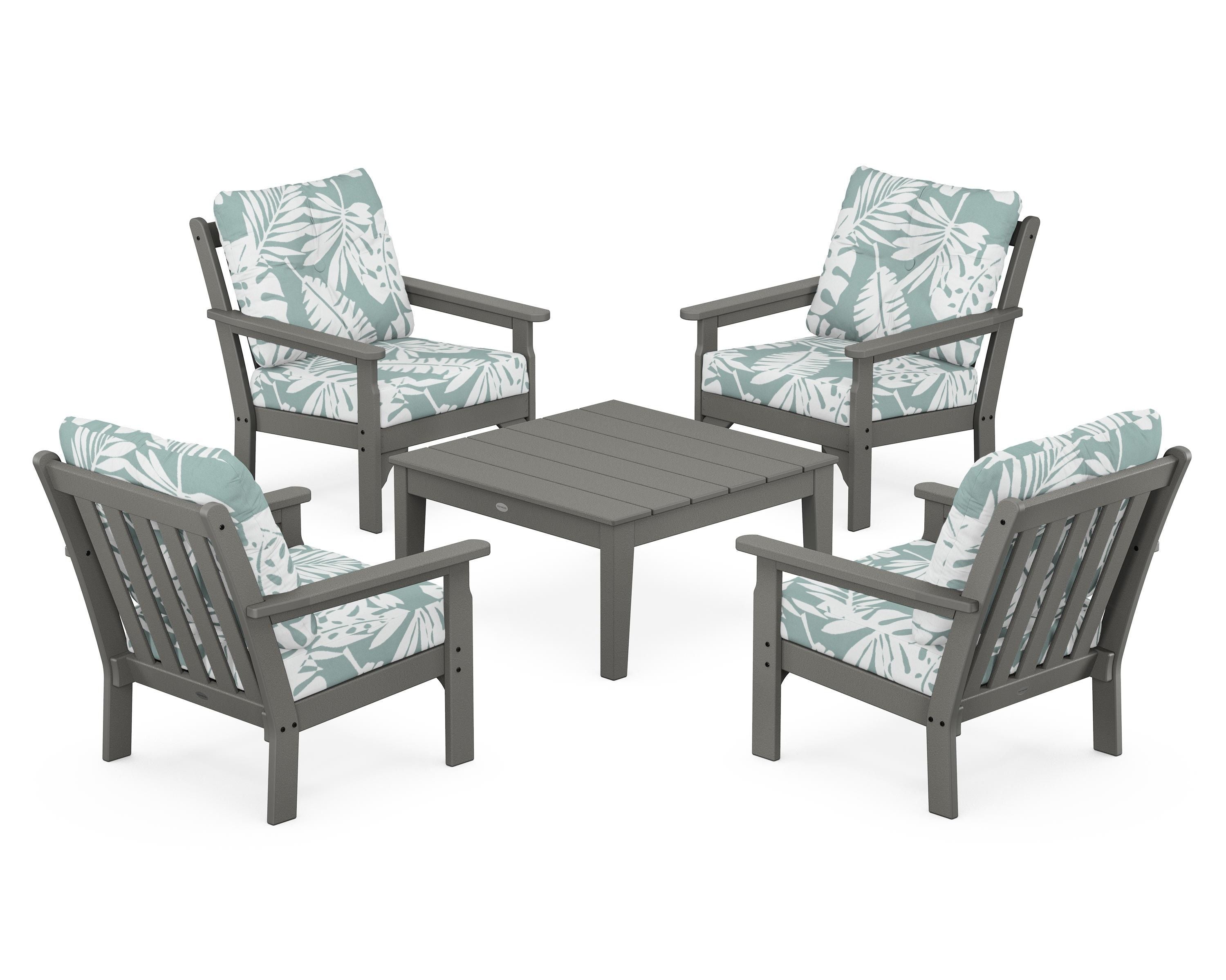 POLYWOOD® Vineyard 5-Piece Deep Seating Conversation Set in Slate Grey / Leaf Glacier Spa
