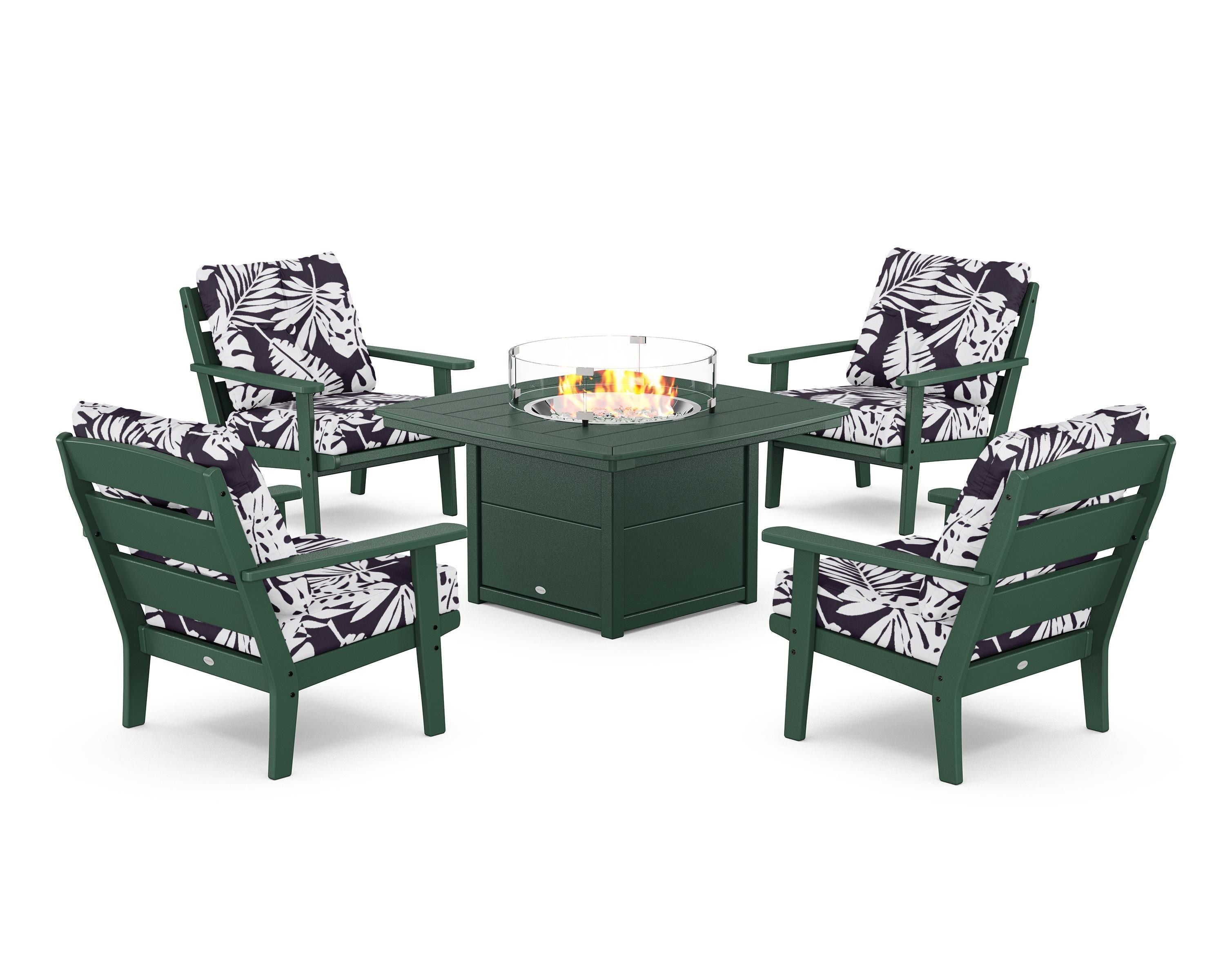 POLYWOOD® Lakeside 5-Piece Deep Seating Set with Nautical Fire Pit Table in Green / Leaf Navy