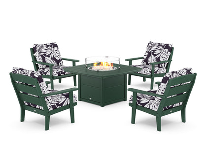 POLYWOOD® Lakeside 5-Piece Deep Seating Set with Nautical Fire Pit Table in Green / Leaf Navy