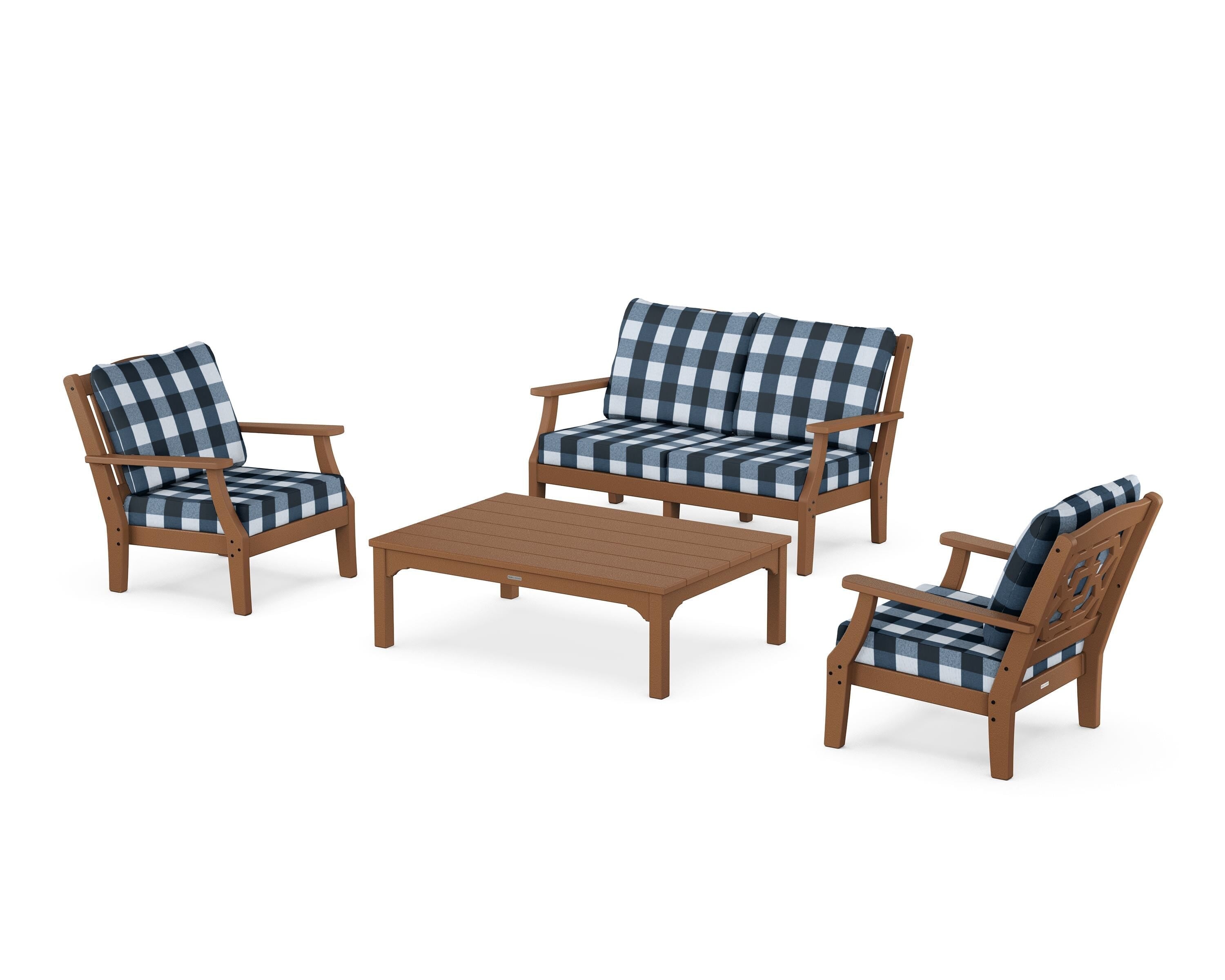 Martha Stewart by POLYWOOD® Chinoiserie 4-Piece Deep Seating Set with Loveseat in Teak / Buffalo Plaid Marine Indigo