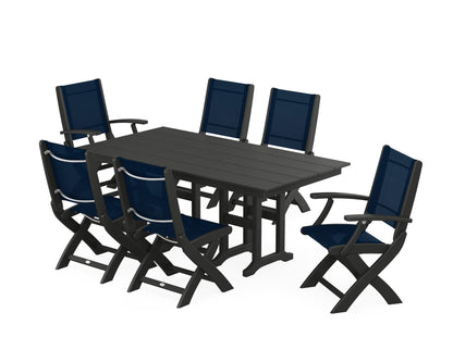 POLYWOOD® Coastal Folding Chair 7-Piece Farmhouse Dining Set in Black / Navy Blue Sling