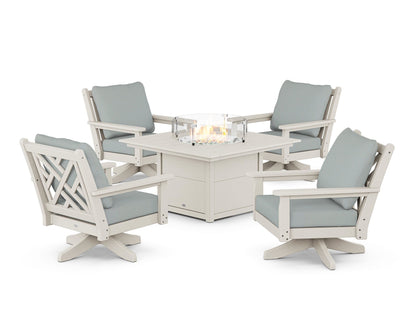 POLYWOOD® Chippendale 5-Piece Deep Seating Swivel Conversation Set with Fire Pit Table in Sand / Spa
