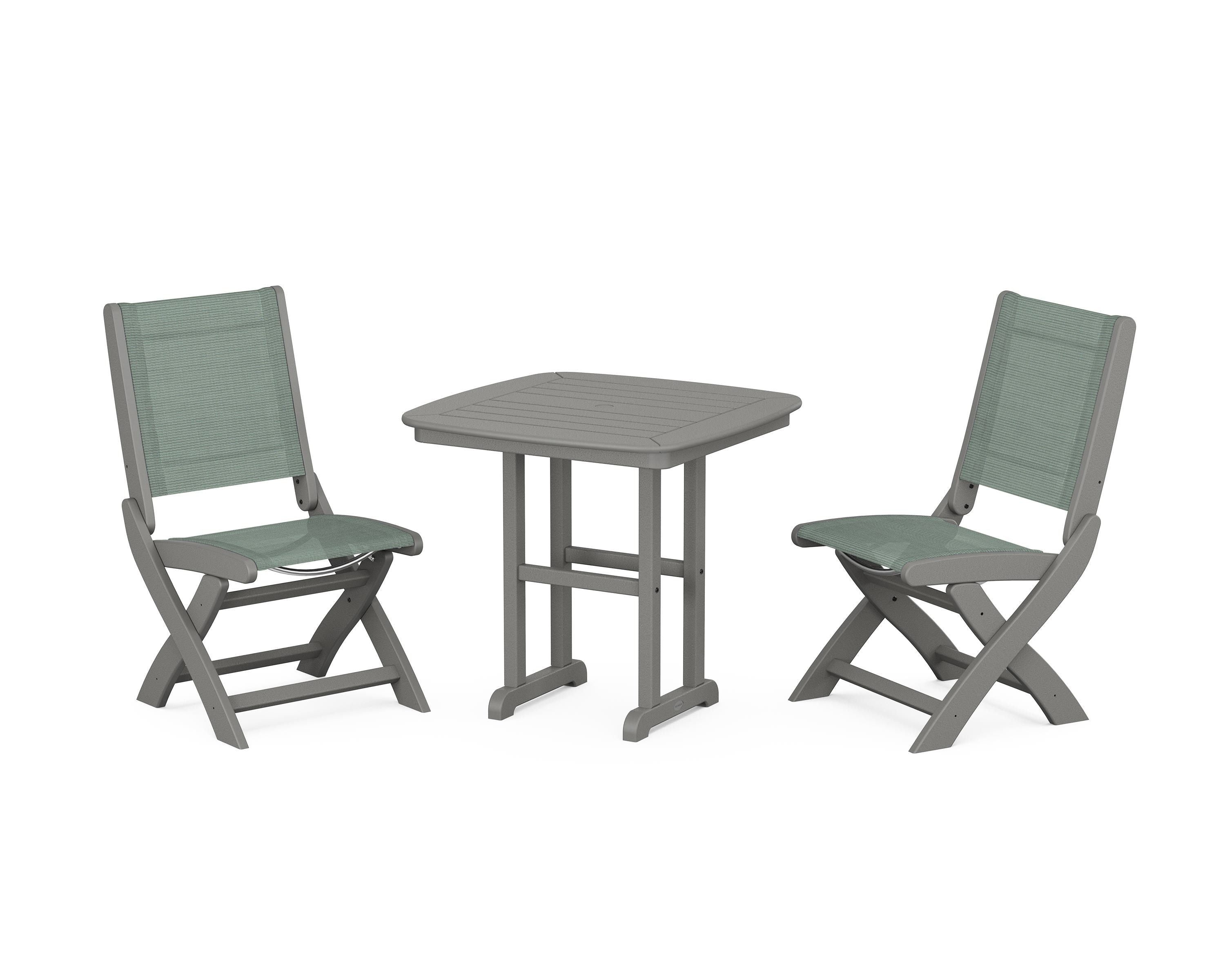 POLYWOOD® Coastal Folding Side Chair 3-Piece Dining Set in Slate Grey / Dupioni Sea Mist Sling