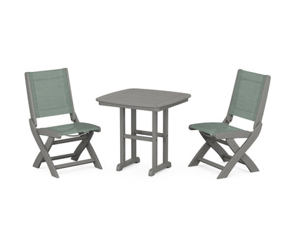 POLYWOOD® Coastal Folding Side Chair 3-Piece Dining Set in Slate Grey / Dupioni Sea Mist Sling