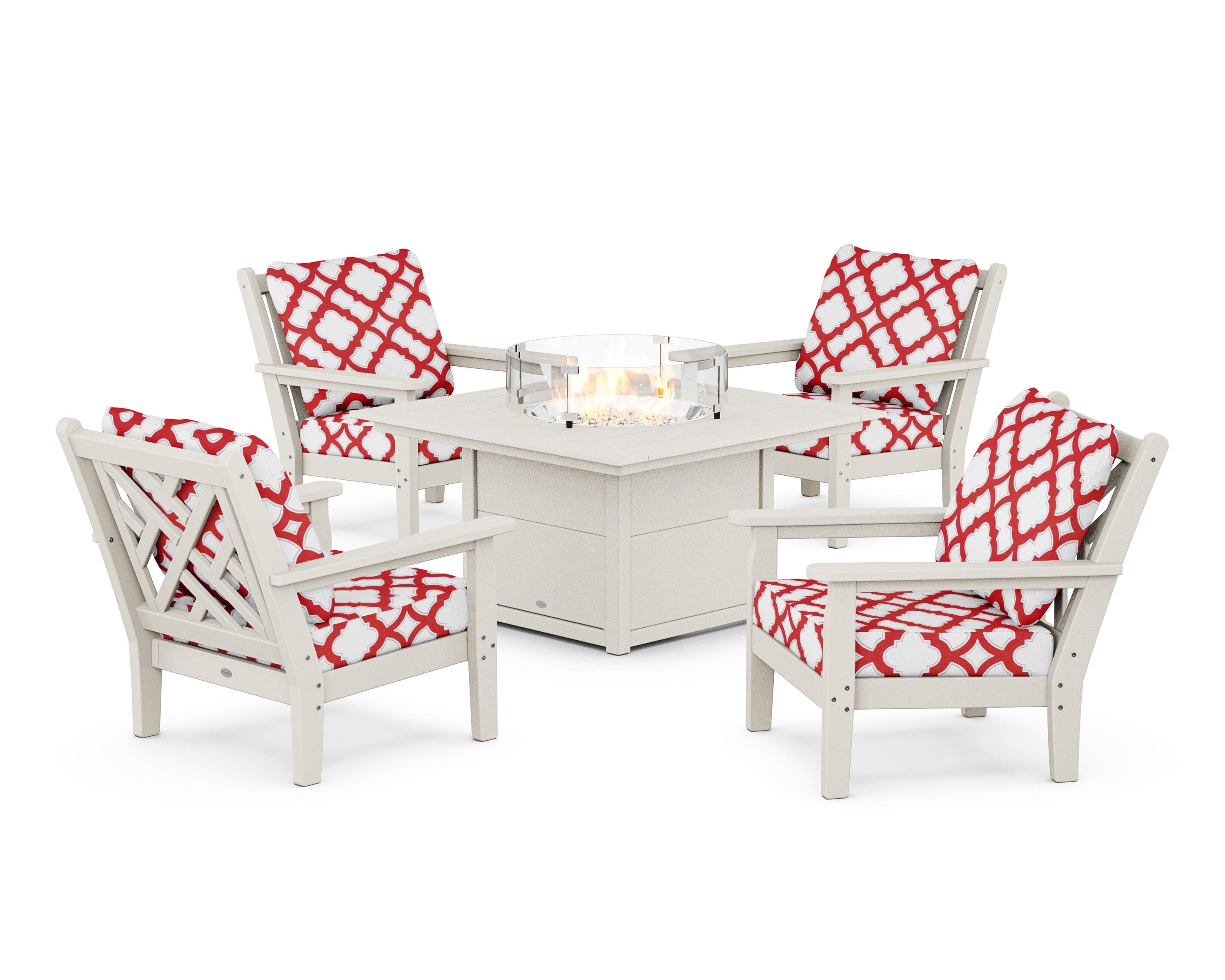 POLYWOOD® Chippendale 5-Piece Deep Seating Set with Fire Pit Table in Sand / Trellis Crimson