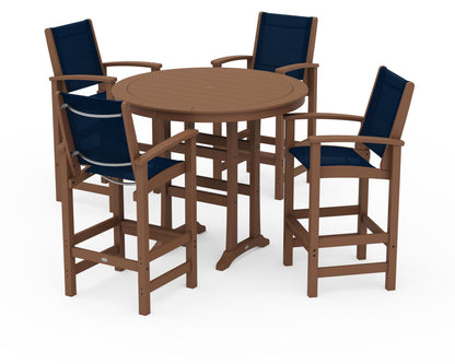 POLYWOOD® Coastal 5-Piece Nautical Trestle Bar Set in Teak / Navy Blue Sling