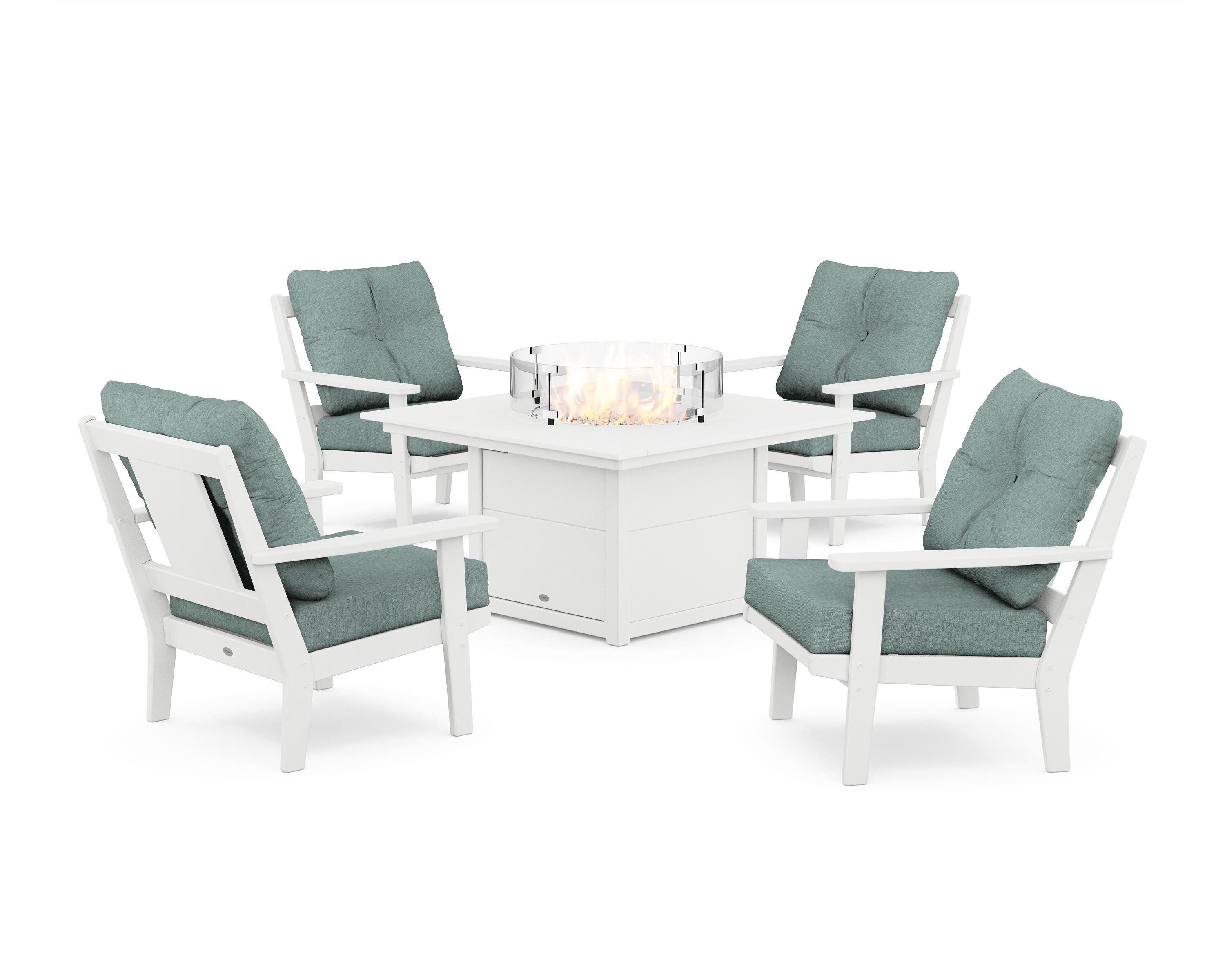 POLYWOOD® Prairie 5-Piece Deep Seating Set with Fire Pit Table in White / Glacier Spa