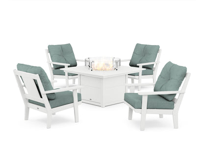 POLYWOOD® Prairie 5-Piece Deep Seating Set with Fire Pit Table in White / Glacier Spa