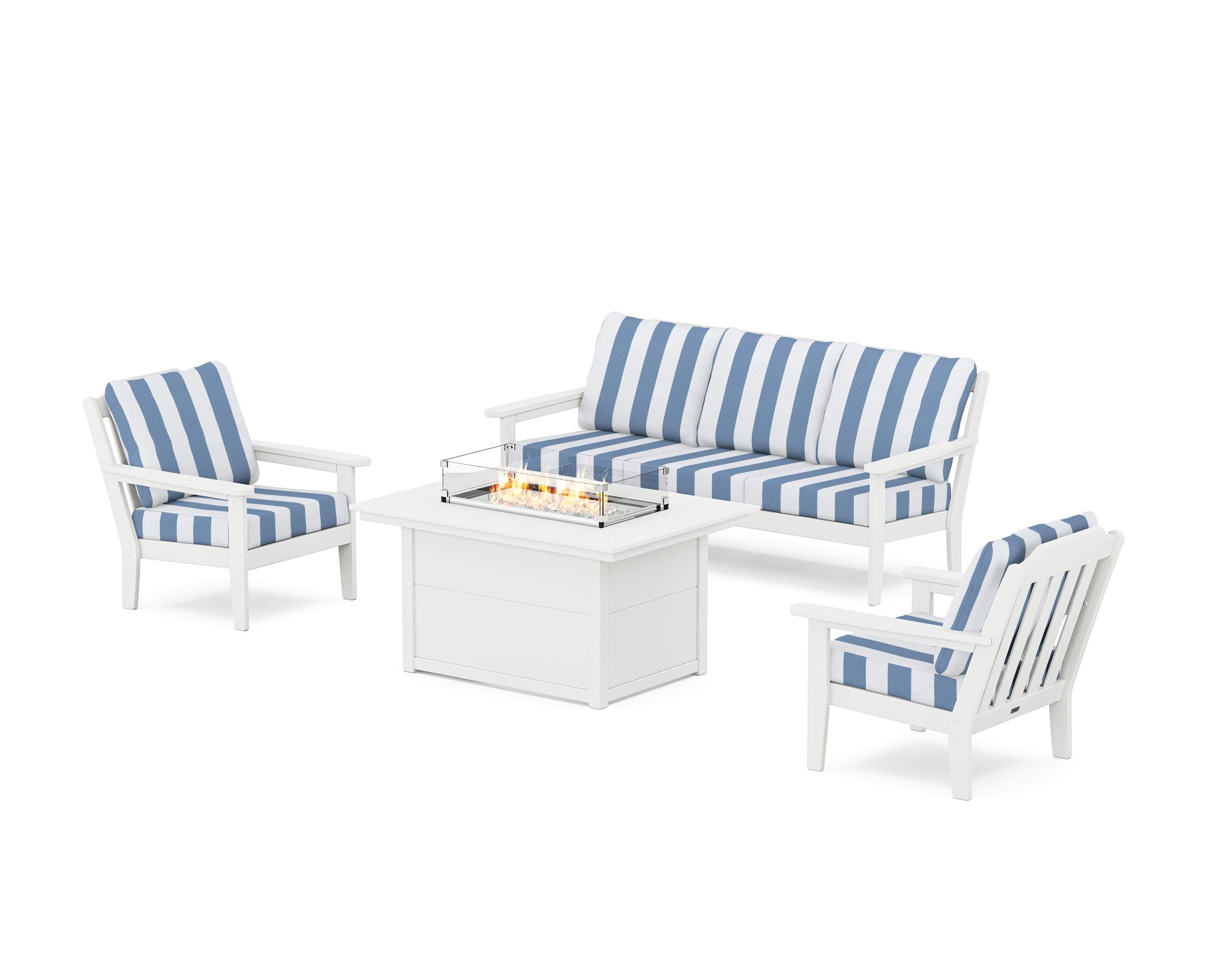 Country Living Cottage Deep Seating Fire Pit Table Set in White / Cabana Stripe Sky Blue