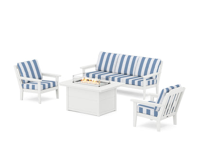 Country Living Cottage Deep Seating Fire Pit Table Set in White / Cabana Stripe Sky Blue