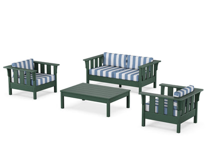 Martha Stewart by POLYWOOD® Acadia 4-Piece Deep Seating Set with Loveseat in Green / Cabana Stripe Sky Blue