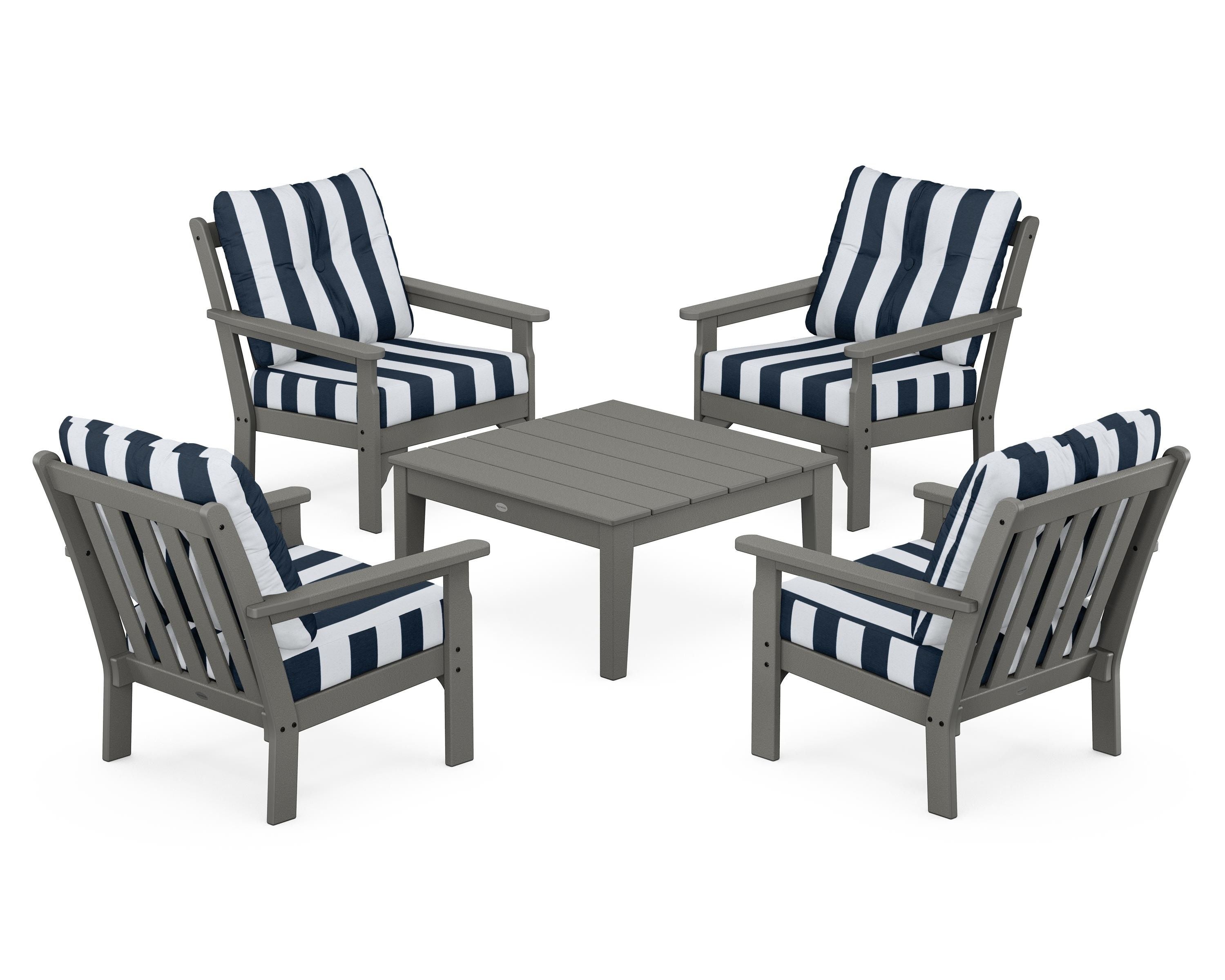 POLYWOOD® Vineyard 5-Piece Deep Seating Conversation Set in Slate Grey / Cabana Stripe Marine Indigo