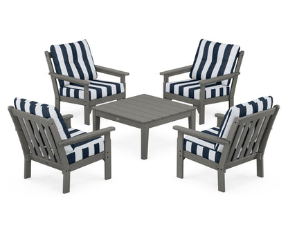 POLYWOOD® Vineyard 5-Piece Deep Seating Conversation Set in Slate Grey / Cabana Stripe Marine Indigo