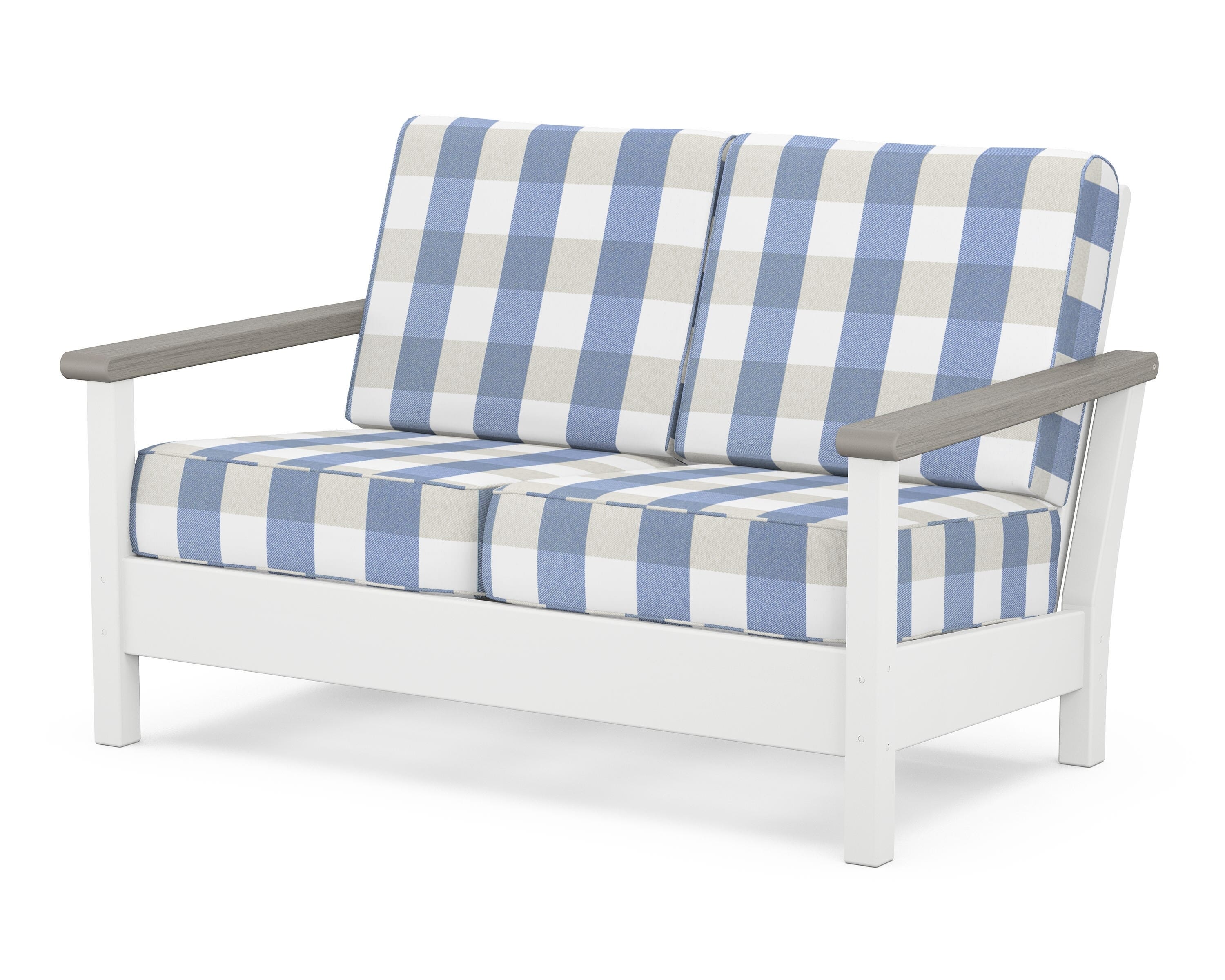 POLYWOOD® Harbour Deep Seating Loveseat in White / Driftwood / Buffalo Plaid Sky Blue