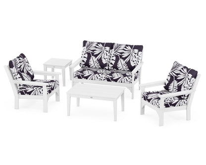POLYWOOD® Vineyard 5-Piece Deep Seating Set in White / Leaf Navy